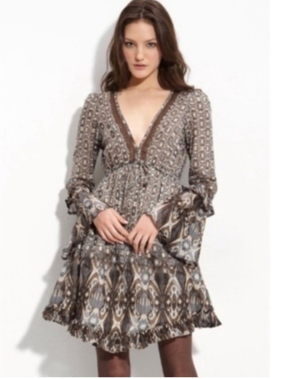 Sanctuary Ikat Gypsy Print Greenwich Dress With Bell Sleeves Silk/Cotton